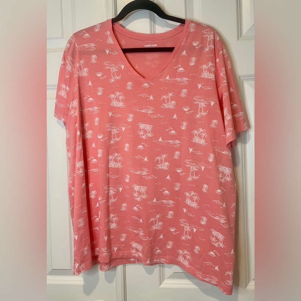 Lands' End Coral tropical V-Neck Tee 2x